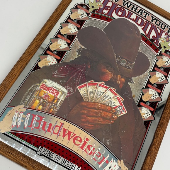 VTG 1980s Budweiser Poker Cowboy Bar Mirror Know What Youre Holdin Advertisingn - Picture 4 of 8